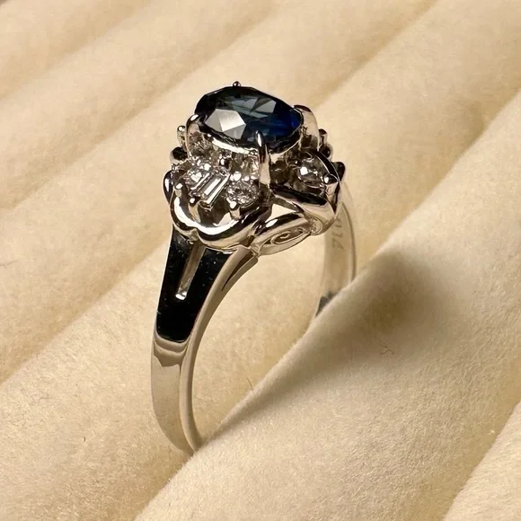 Platinum Natural Blue Sapphire & Diamond Jewelry Women Engagement Ring Size 4.9